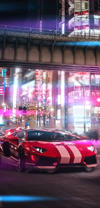 Sleek sports car under neon city lights at night.