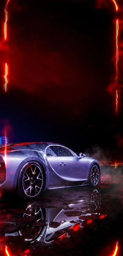 Silver sports car against a neon-lit nightscape with city reflections.