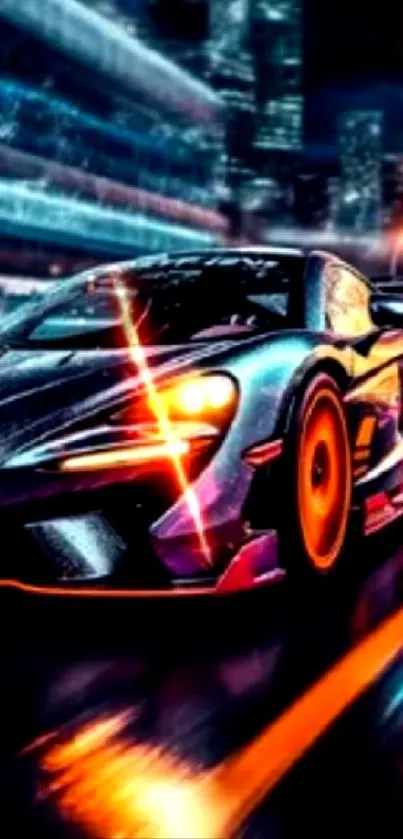 Sleek sports car racing through neon-lit city streets at night, vibrant and dynamic.