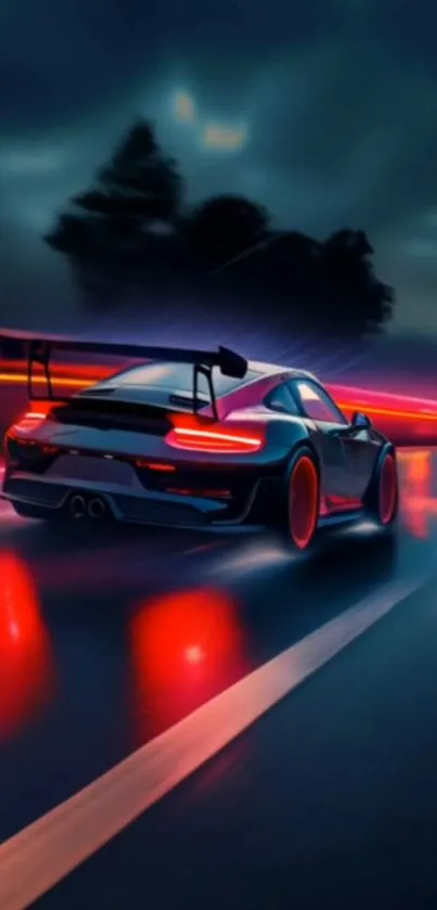 Sports car racing at night with neon lights.