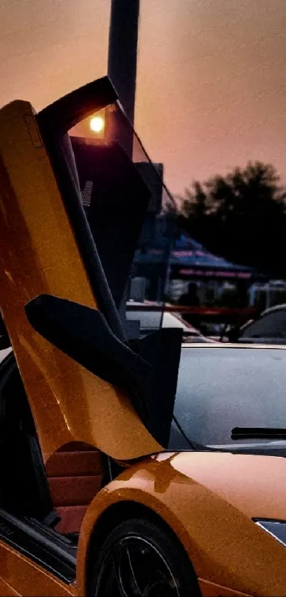 Orange sports car with open scissor doors at sunset.