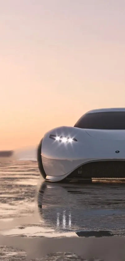 Sleek sports car with headlights on at sunset over water.