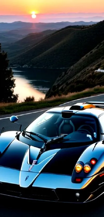 Sleek sports car driving at sunset on a winding road.