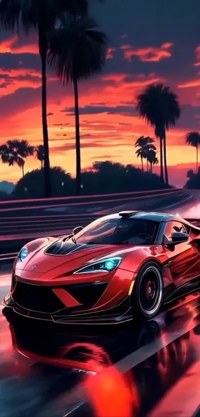 Sleek sports car under a fiery sunset with palm trees.