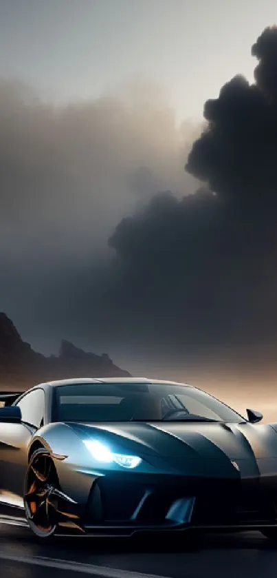 Sleek sports car with glowing headlights at sunset on a dramatic road.