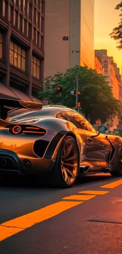 Sleek sports car at sunset on city street, vibrant urban scenery.