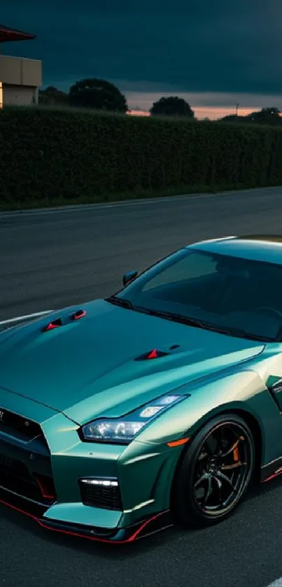 Sleek sports car on a road at sunset with vibrant colors and dynamic style.