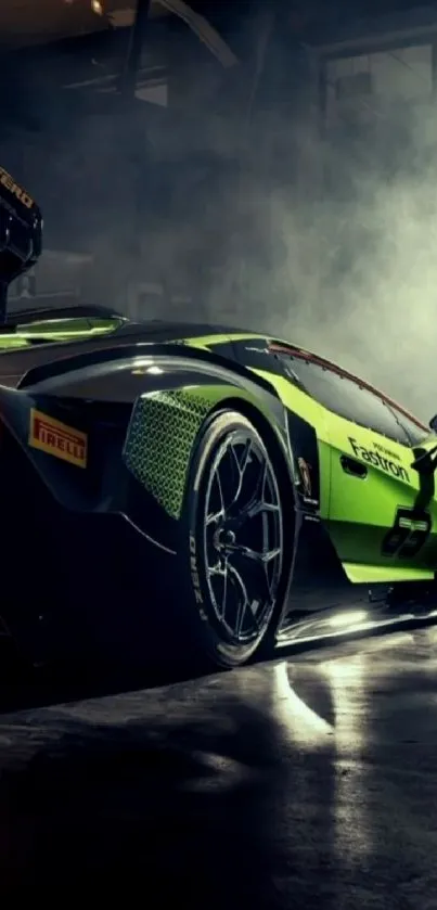 Sleek green sports car in a dimly lit garage setting.