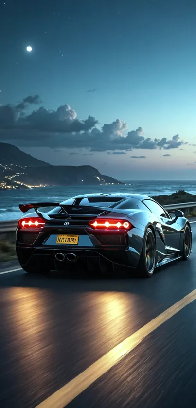 Sleek sports car driving along a coastal highway at night.