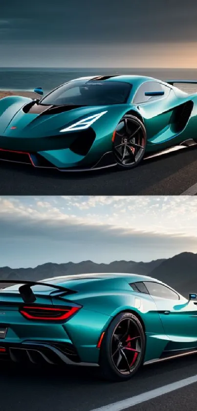 Teal sports car on coastal highway at sunset.