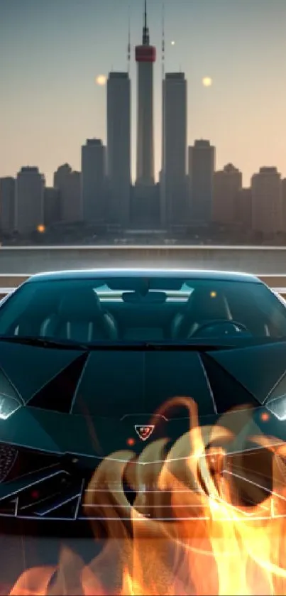 Sleek sports car against a vibrant cityscape at sunset.