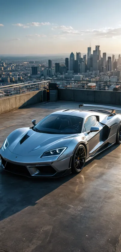 Sleek sports car on rooftop with city skyline in background.