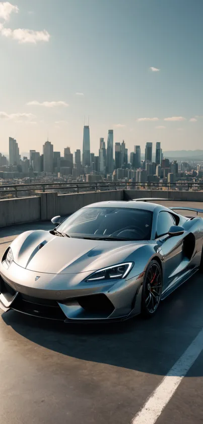 Sleek silver sports car with city skyline