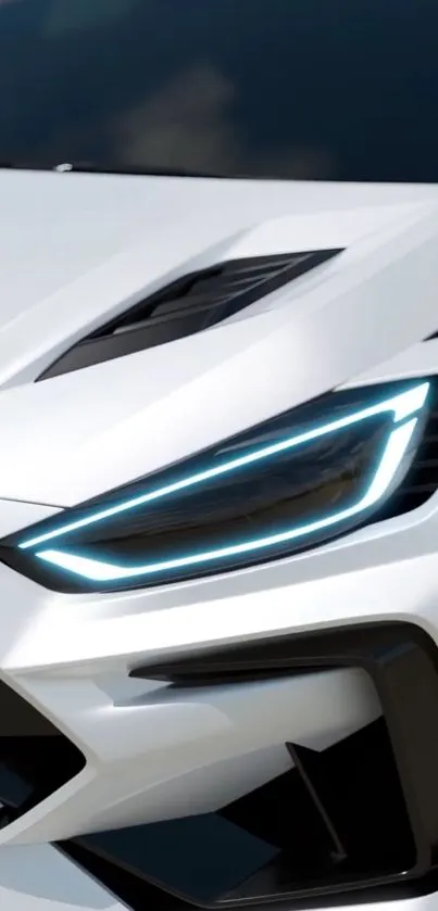 Close-up of a sleek sports car with LED headlights.