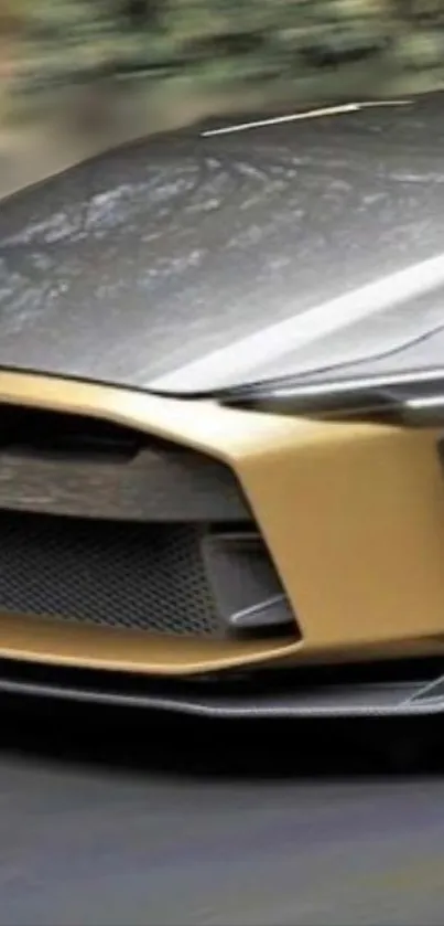 Front view of a sleek, gold-colored sports car, showcasing its design details.