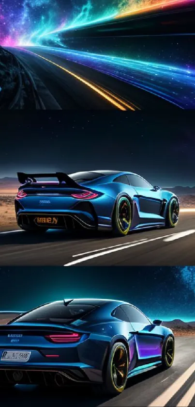 Sleek blue sports car on a cosmic highway at night.