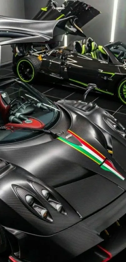 Sleek black sports car in modern garage.