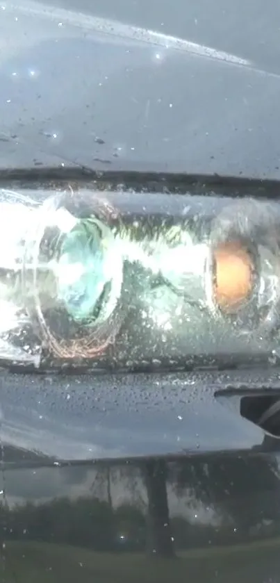 Close-up of sleek sports car headlight in rain.