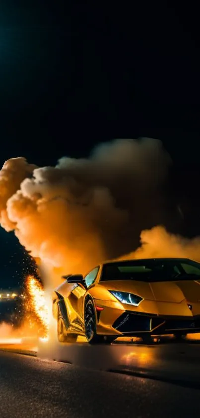 Yellow sports car racing at night with dramatic smoke effects.