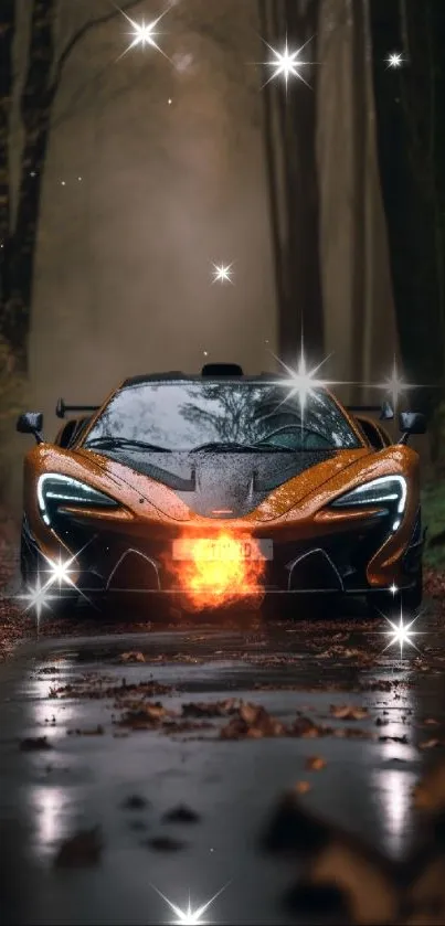 Sleek orange sports car on a forest road in autumn.