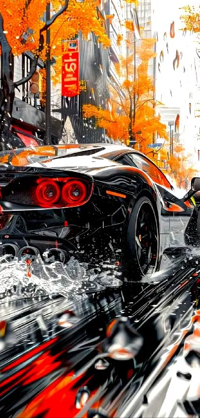 Black sports car races through an autumn-colored urban street.