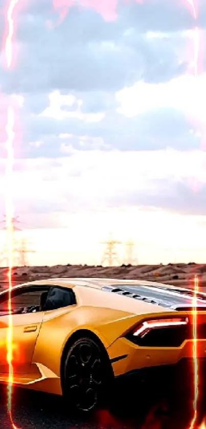 Orange sports car driving through a desert landscape under a cloudy sky.