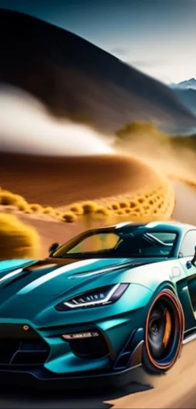 Sleek sports car driving through a scenic desert landscape, perfect for mobile wallpaper.