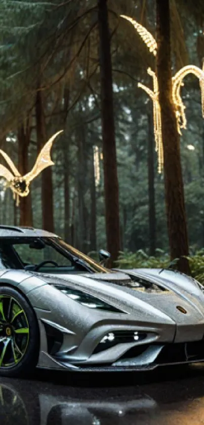 Sleek silver sports car in forest with elegant lighting display.