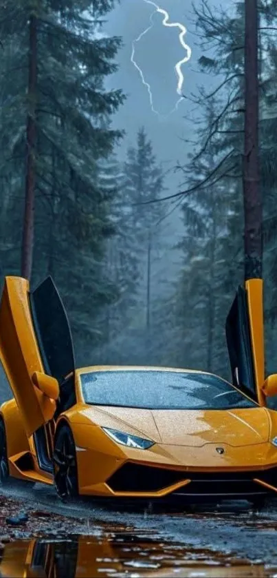 Yellow sports car in a misty forest with lightning overhead.