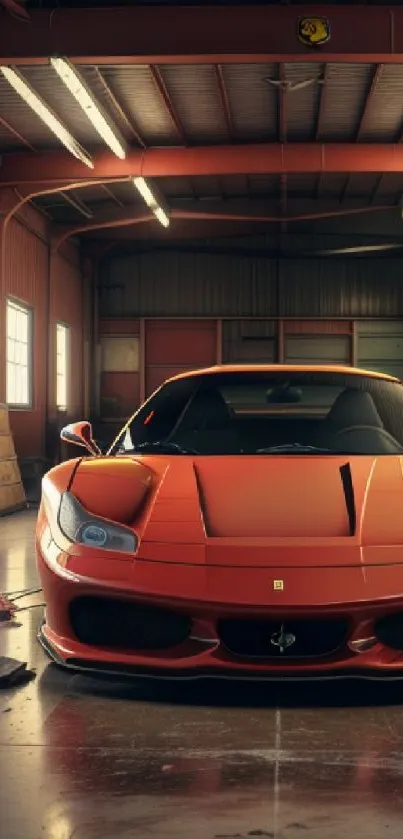 Orange sports car parked in a rustic garage with warm lighting.