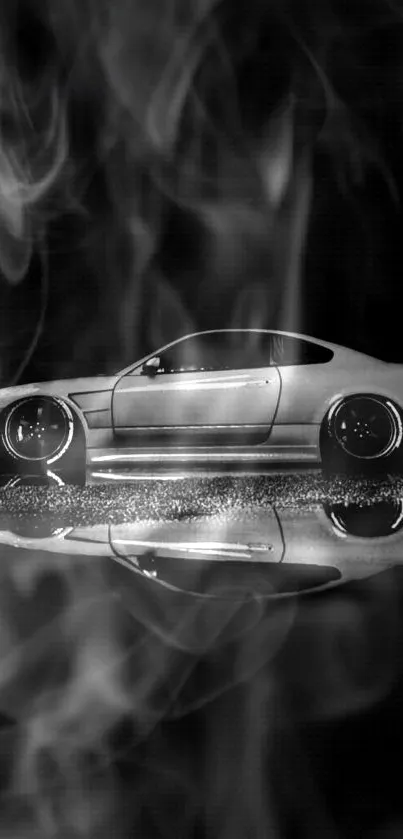 Monochrome sports car with smoke and reflection background.