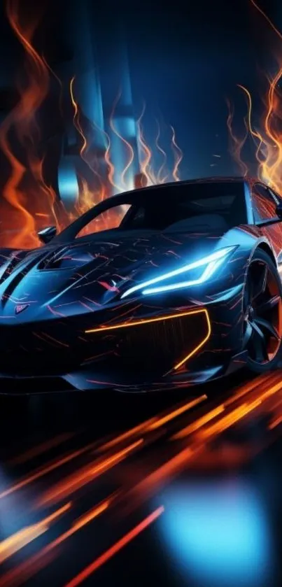 Sleek sports car with fiery accents zooming forward.