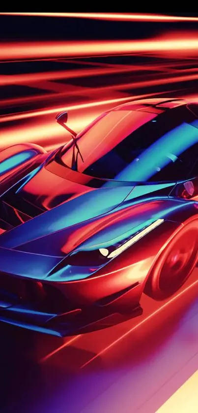 Sleek sports car with neon red and blue lights.