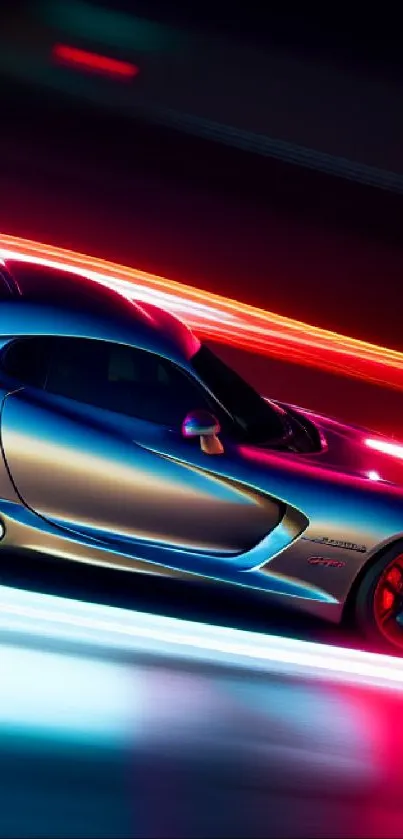 Sleek sports car racing through neon lights.