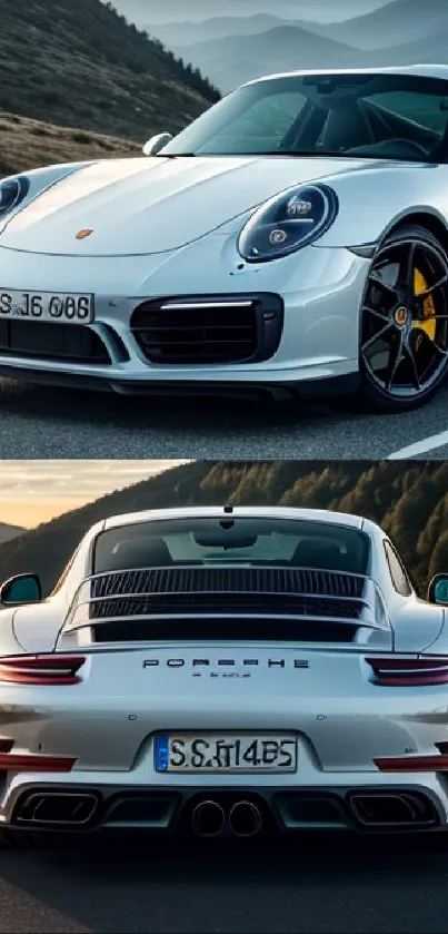 Sleek silver sports car on a mountain road during sunset.