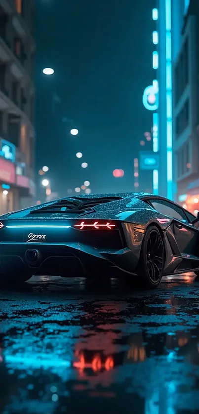 Sleek sports car in neon-lit city street at night.