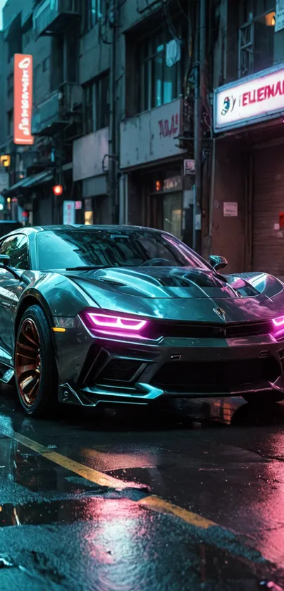 Futuristic sports car in a neon-lit urban street at night.