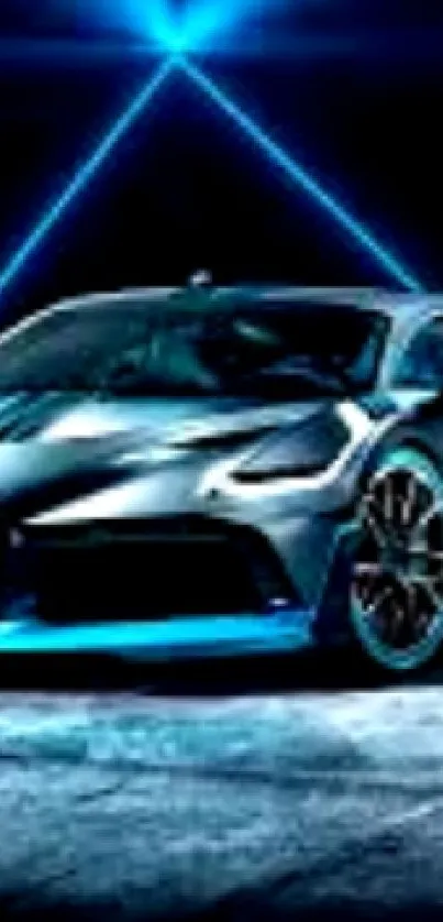 Sleek sports car illuminated by blue neon lights in a sold-out setting.