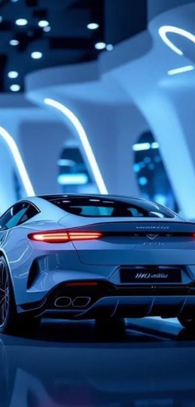 Futuristic sports car under neon blue lights in modern setting.