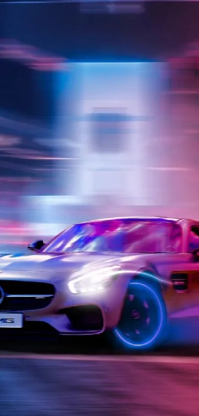 Fast sports car under neon lights in urban street.