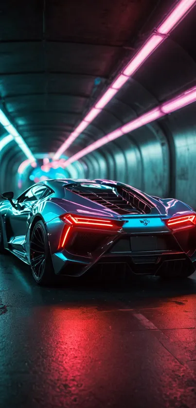 Sleek sports car glowing in a neon-lit tunnel, showcasing futuristic design.