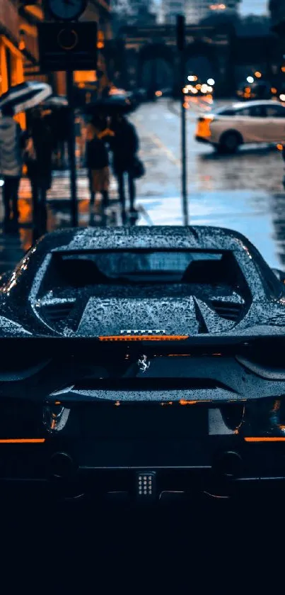 Sleek sports car in rain on city street at night.