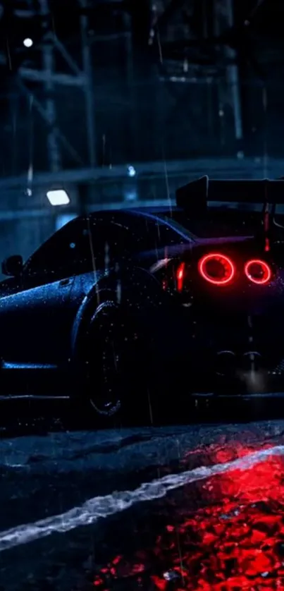 Sleek sports car in the rain with red taillights in a city setting at night.