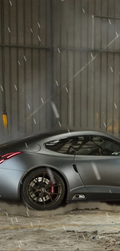 Sleek gray sports car in a rainy garage setting.