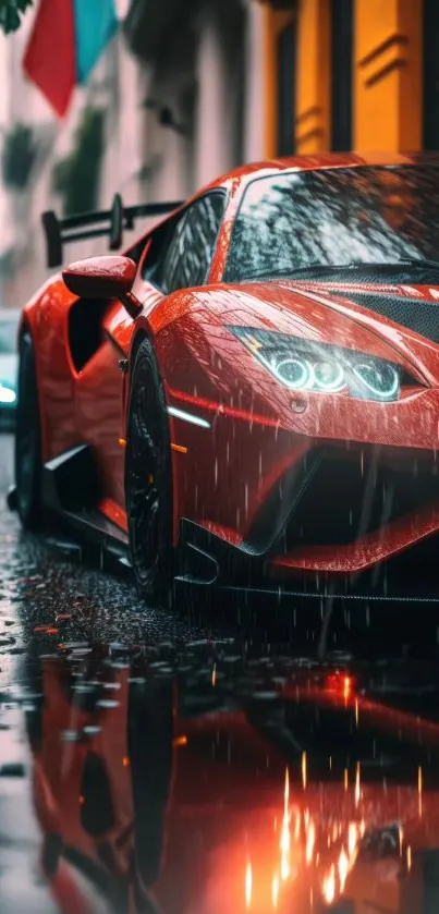 Red sports car in rainy city street scene.