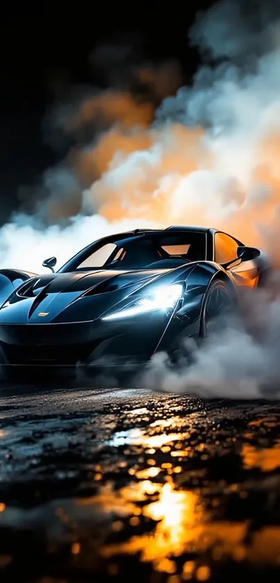 Sports car enveloped in smoke with dramatic lights.