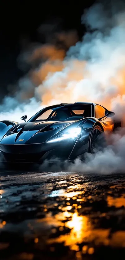 Sleek black sports car amidst vibrant smoke.