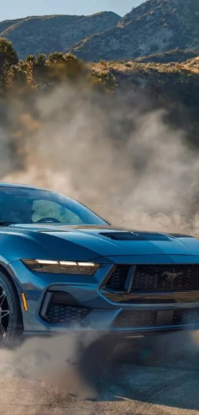 Blue sports car drifting on mountain road.