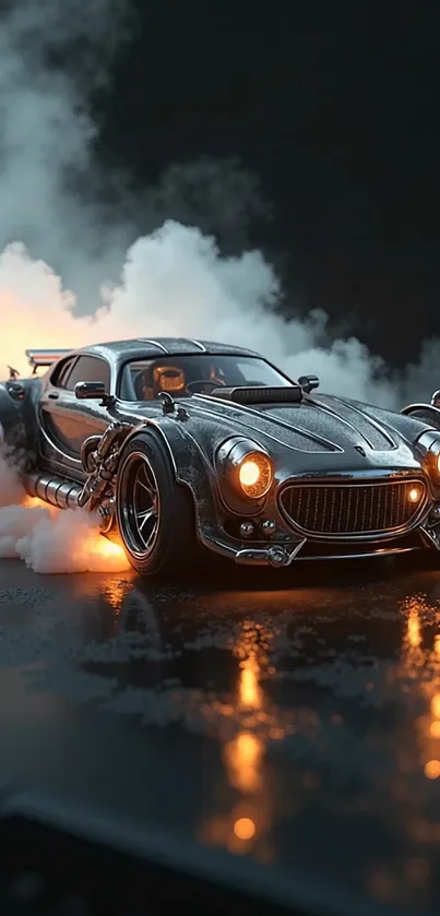 Sleek sports car with dramatic smoke effect.