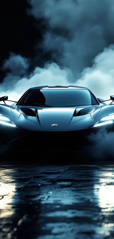 Sleek sports car with smoky background at night.